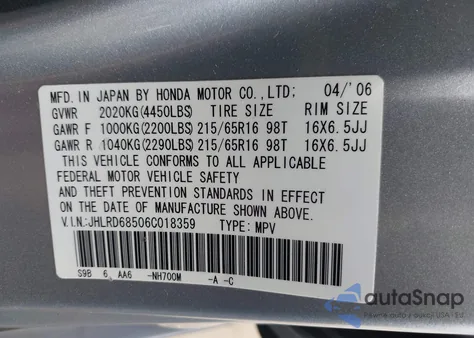 2006 Honda Cr-V Lx from USA, damaged, VIN JHLRD68506C018359